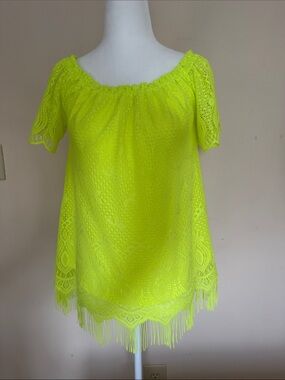Lilly Pulitzer Neon Yellow Crochet Off-Shoulder Top with Fringe